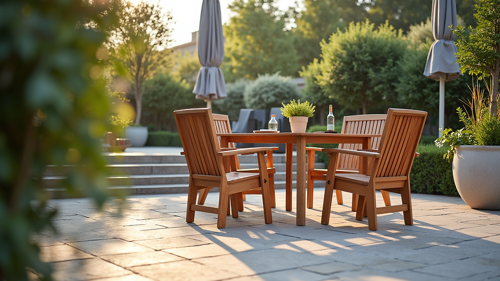 Eye-level view of a clean wooden outdoor patio set on a stone deck