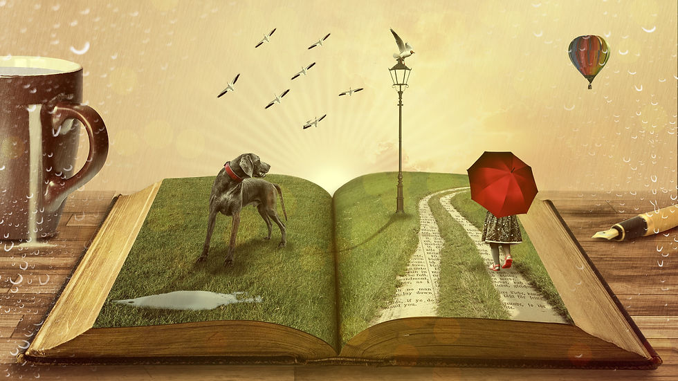 A magical open book with a grassy landscape rising from its pages, featuring a large dog, a lamp post, and a small girl holding a red umbrella walking along a winding path towards a glowing horizon, with birds flying overhead and a hot air balloon in the distance.