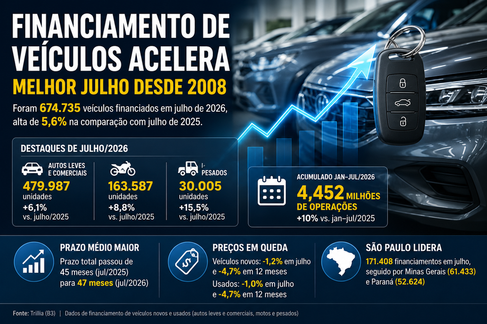 Financiamento de veículos tem melhor julho desde 2008 e supera 674 mil operações no Brasil