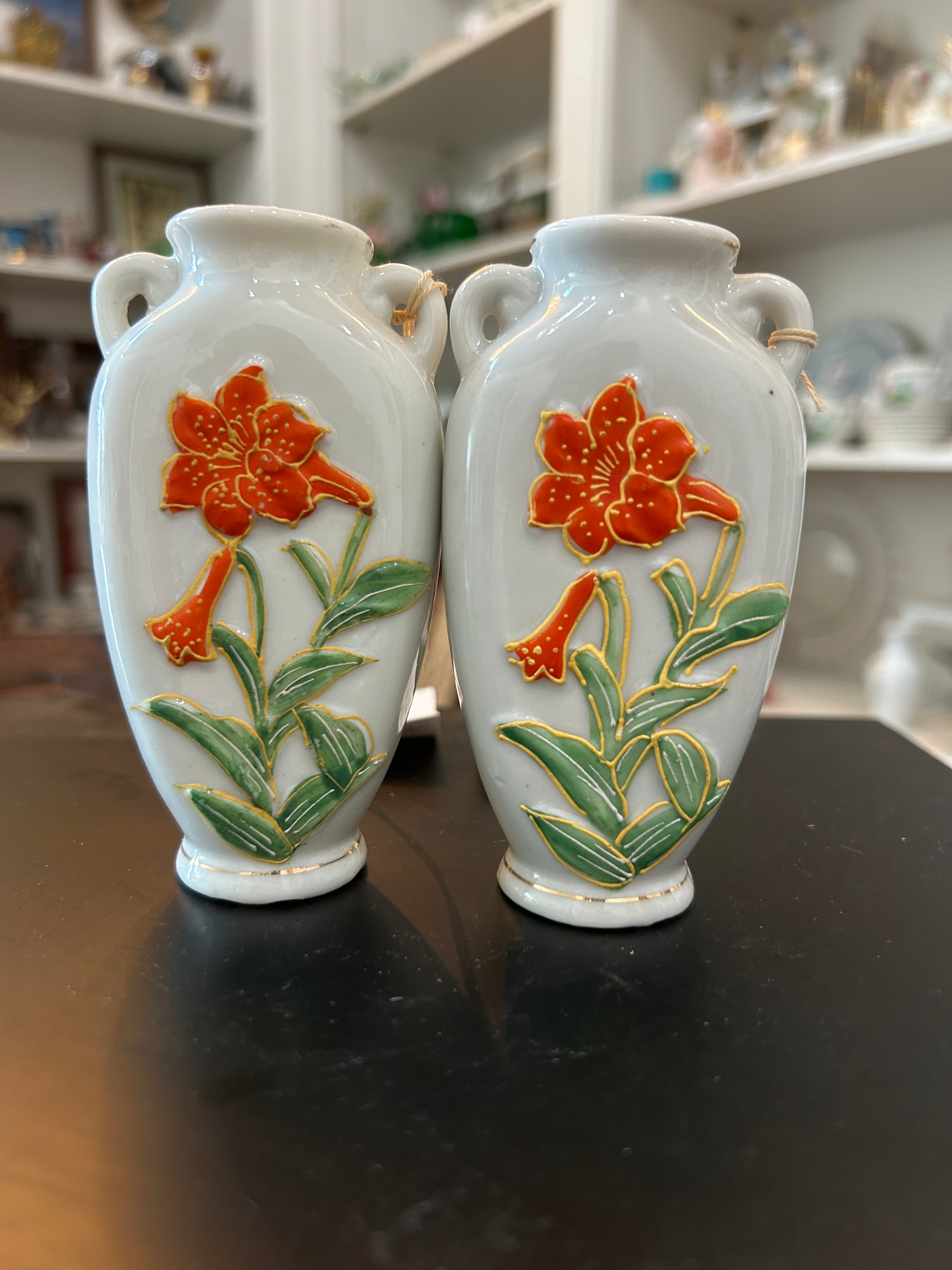 Occupied Japan Mini Bud Vases with Orange Lilly	(Set of 2)
