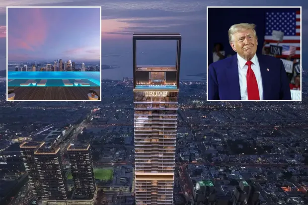 A stunning aerial view of the proposed Trump skyscraper in Dubai, featuring luxurious amenities such as a rooftop infinity pool, set against a vibrant cityscape at dusk.
