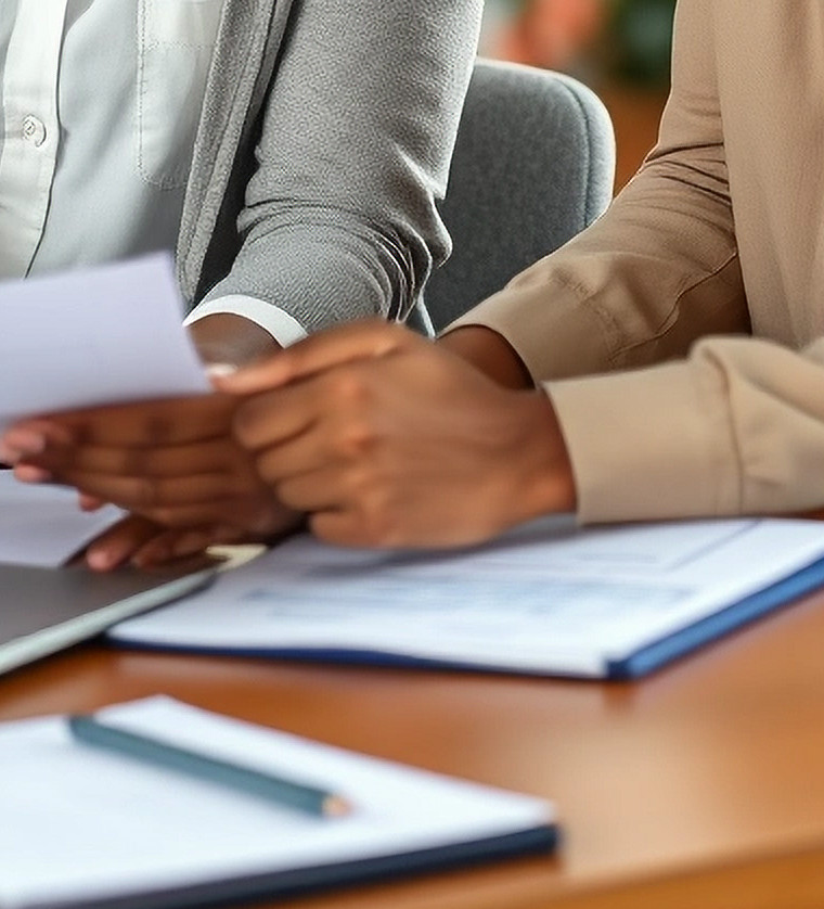 Candid office scene of a black woman consultant helping a nonprofit staff member complete