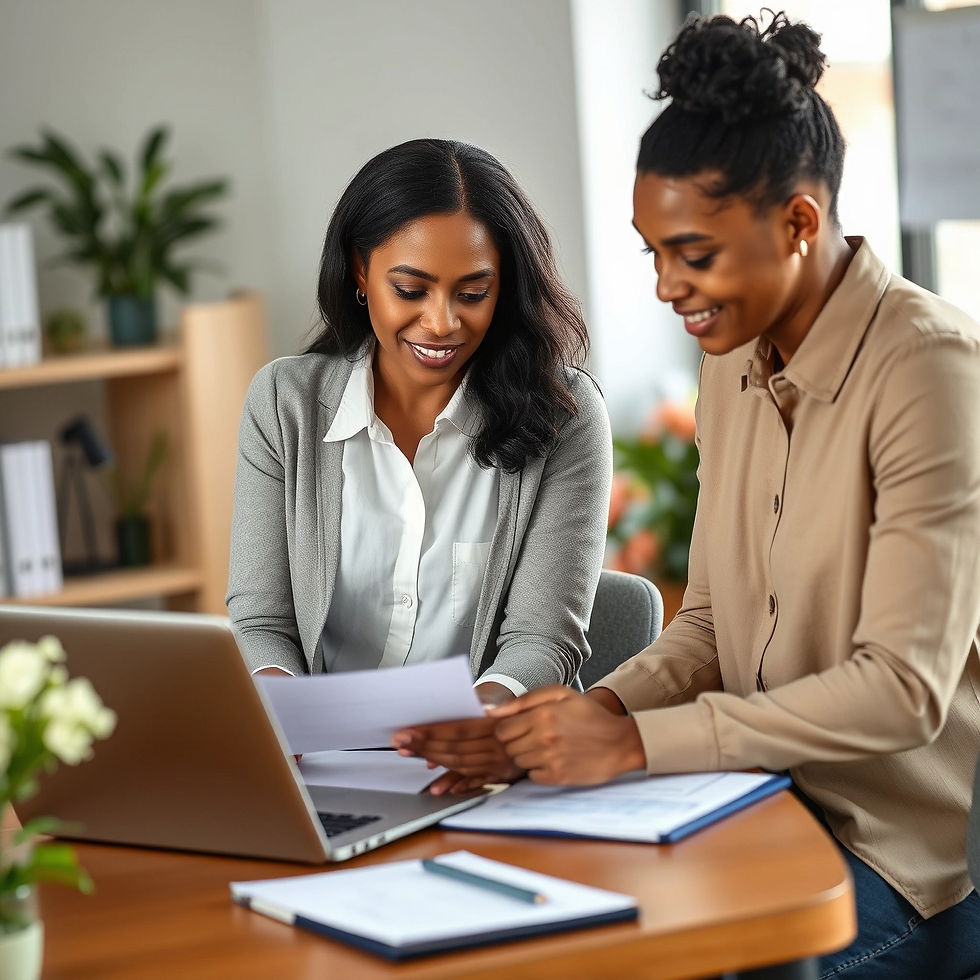 Candid office scene of a black woman consultant helping a nonprofit staff member complete