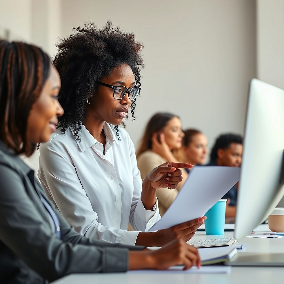 Candid moment of a Black woman HR professional reviewing resumes with a client, pointing a