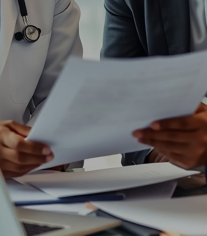 Candid office scene of a healthcare consultant discussing operational strategy with a hosp
