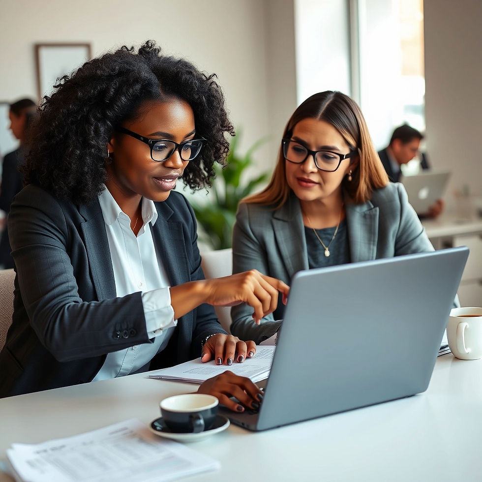 Candid office scene of a black woman consultant reviewing grant documents with a nonprofit