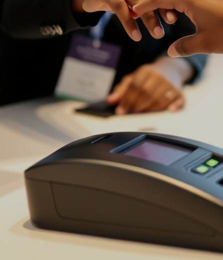 A black woman staff member helping a client place their finger on the fingerprint scanner