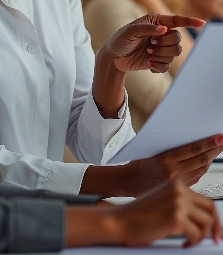 Candid moment of a Black woman HR professional reviewing resumes with a client, pointing a