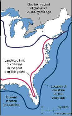 Coastline of United States Ice Age 20000 Years ago Department of Interior, public domain.g