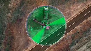 Aerial view of a truck with green radar lines on a dirt site near a road. Text details tech features. Logos: Neoway, Spark, SIMCom, Ineltek.