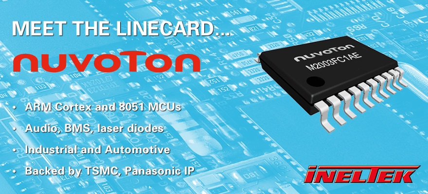 Microchip on blue circuit board with text: Meet the Linecard, Nuvoton, ARM Cortex, and more. Red, white, black text; promotional mood.