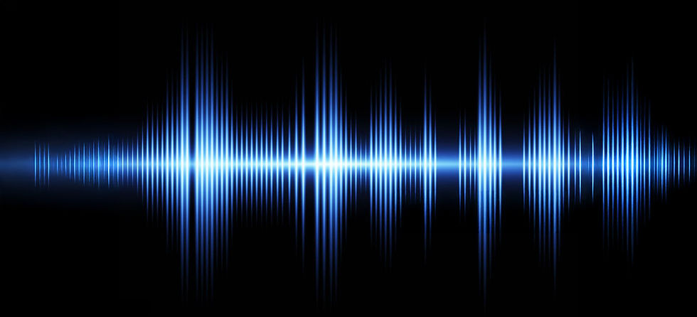 Blue sound wave pattern on a black background, with vertical lines varying in height. Bright, futuristic appearance.