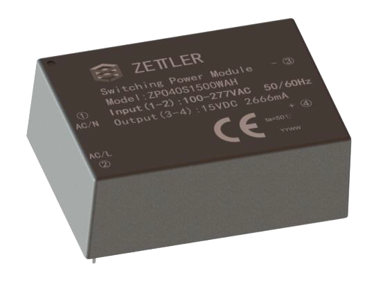 Zettler ZPO40SXX00WAH ACDC Power Module. Image is a black switching power module labelled "ZETLER" with specs: 100-277VAC input, 15VDC, 2666mA output. CE marked. Placed on a white background.