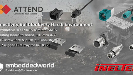 Connectors and cables over a rugged truck background. Text: Attend, Connectivity for harsh environments, Embedded World, Ineltek logos.