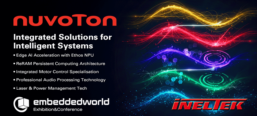 Nuvoton ad with colorful digital waves representing 5 strong technology specialisms on dark background, promoting intelligent systems. Features listed with logos of embedded world and Ineltek.