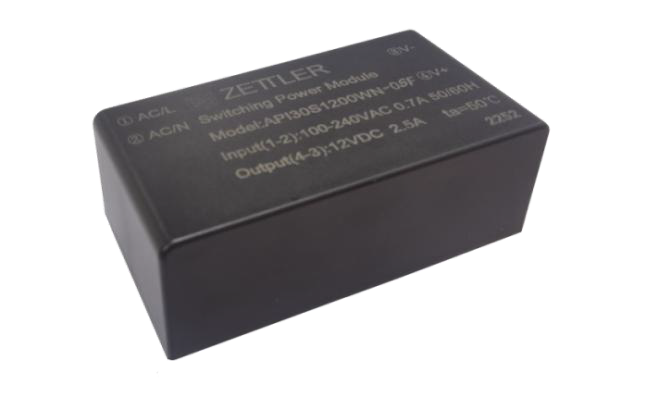Zettler ZPI30SXX00WN-0SF ACDC Power Module. Image is a
Black rectangular switching power module with labeled specifications, including input and output details. Background is white.