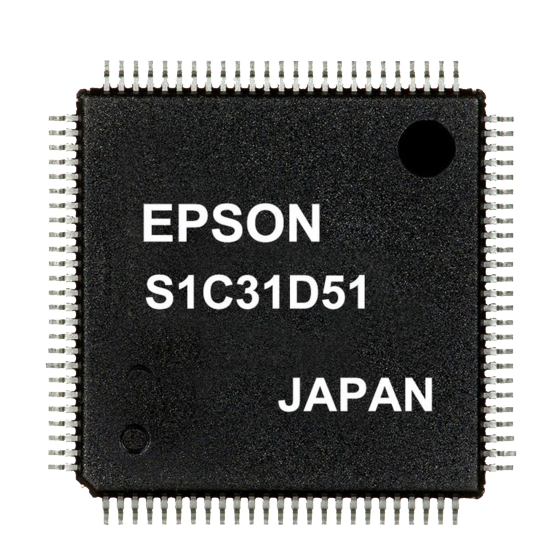 Microchip with text "EPSON S1C31D51 JAPAN" on a black surface. Silver pins surround the chip, set against a plain white background.
