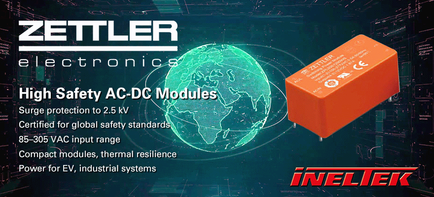 Zettler electronics ad for high safety AC-DC modules. Orange module, green globe background. Text highlights features and safety standards.