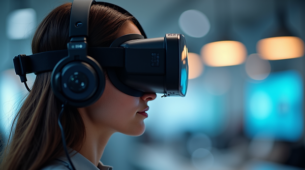 Image showing a long haired female wearing headphones and a 3D VR headset