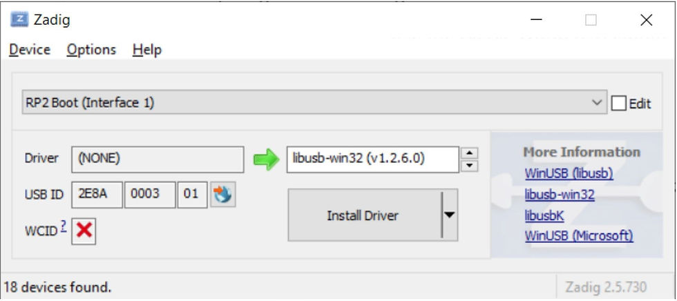 Screengrab of Zadig interface