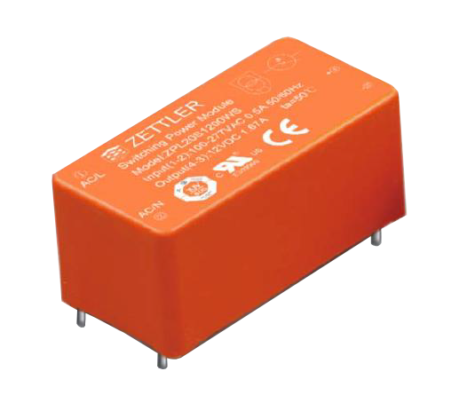 Image of a Zettler ZPL20SXX00WS ACDC power module. Orange electronic component with visible pins and white text "Zettler 8-Pin Mini Power Module 220V-230V". No background details.