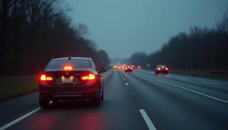 Eye-level view of a car stopped on the highway shoulder with hazard lights on