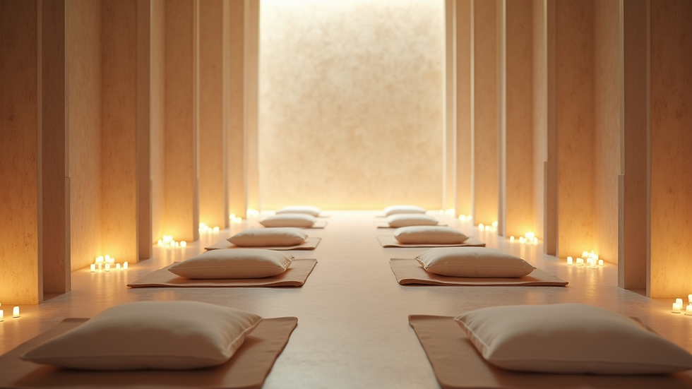 Eye-level view of a serene meditation space with cushions and soft lighting