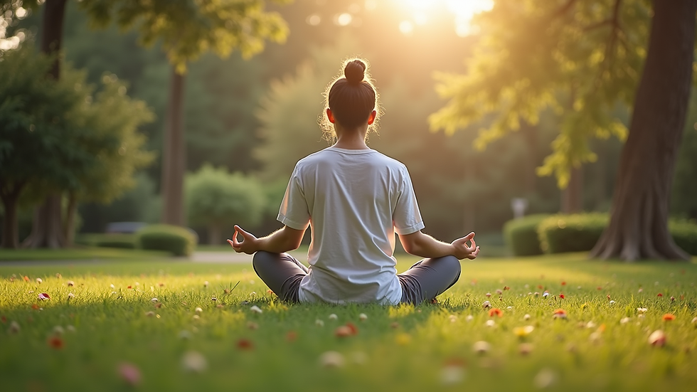 Eye-level view of a person meditating outdoors in a peaceful garden