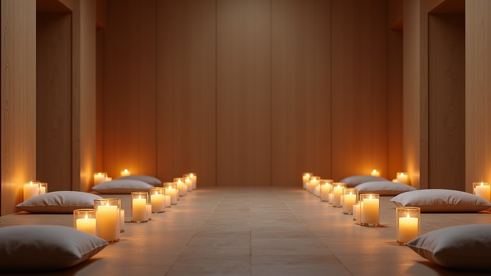 Eye-level view of a quiet meditation space with candles and cushions