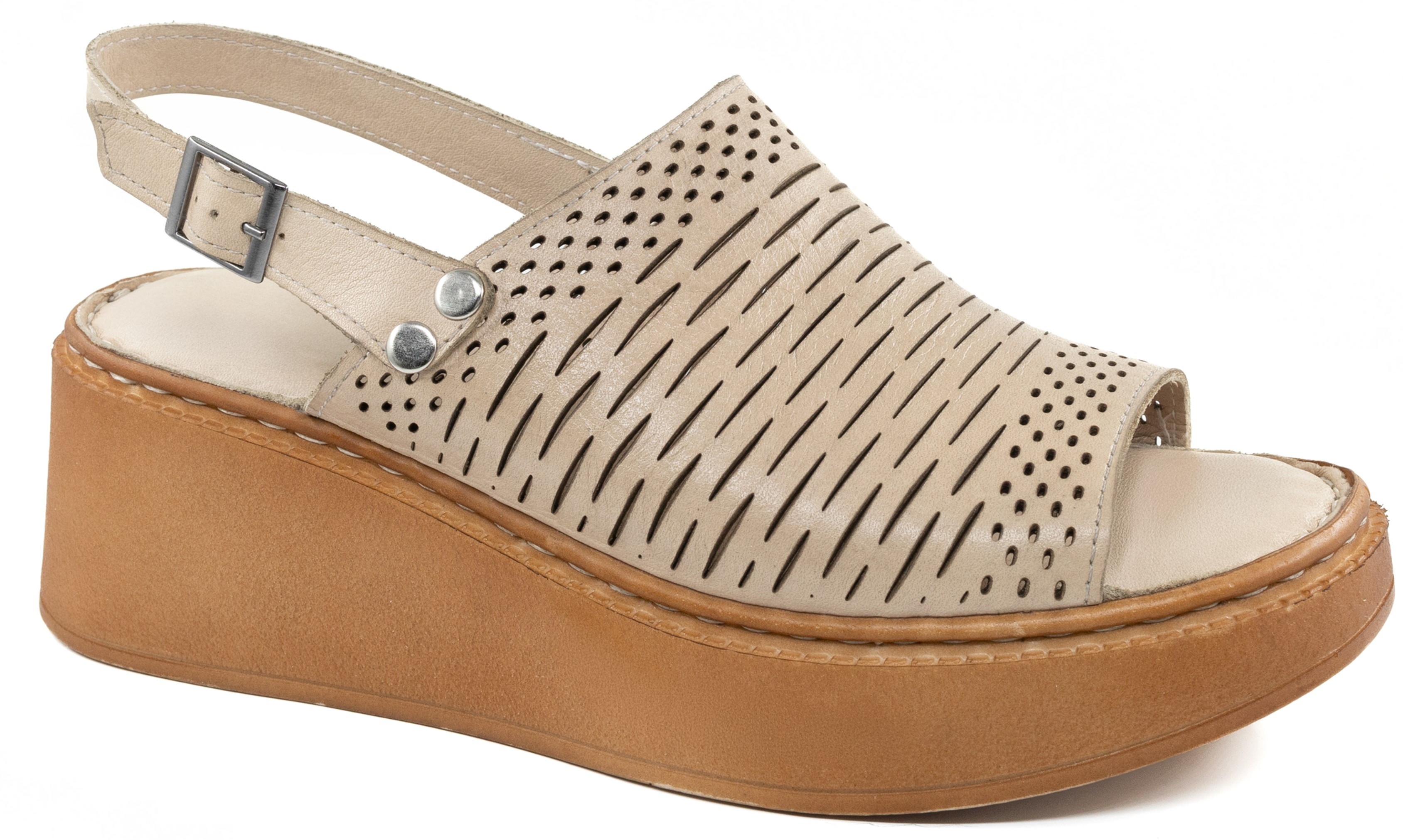 W235-Lusco Women's Perforated Leather Sandy Wedge Sandals