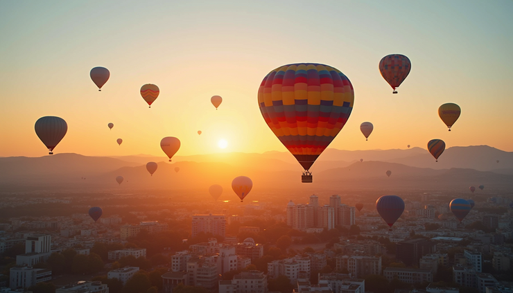 High angle view of colorful hot air balloons ascending over Reno cityscape