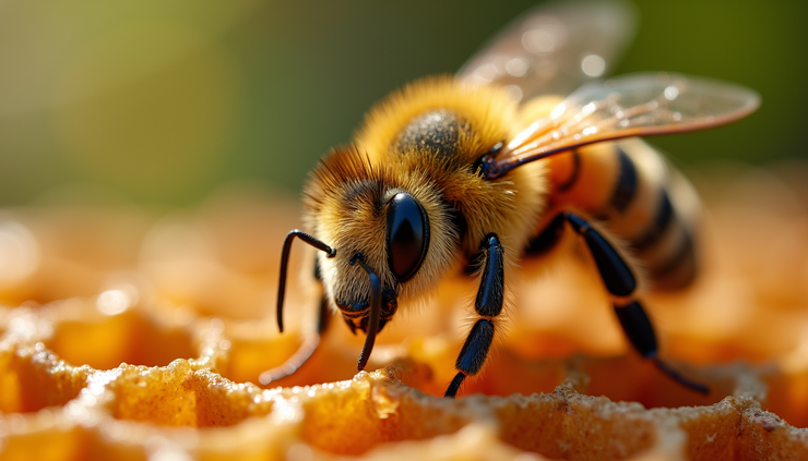 High angle view of hybrid Italian queen bee on honeycomb frame