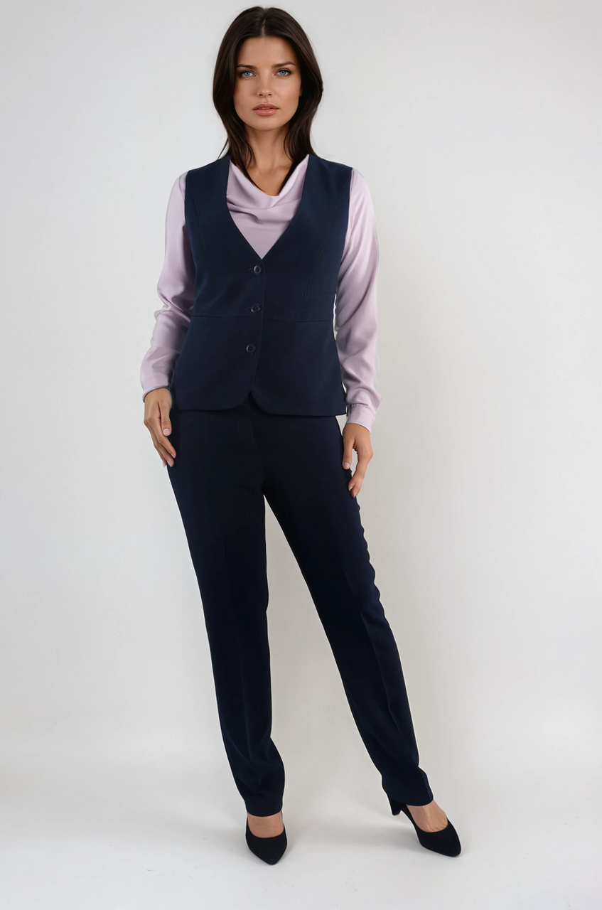 Conjunto Azul Marino con Blusa Lila Satinada