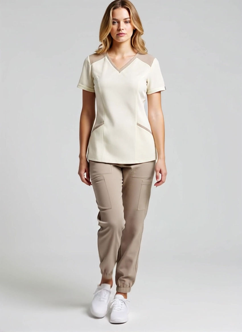 Conjunto clínico beige con contraste arena para mujer