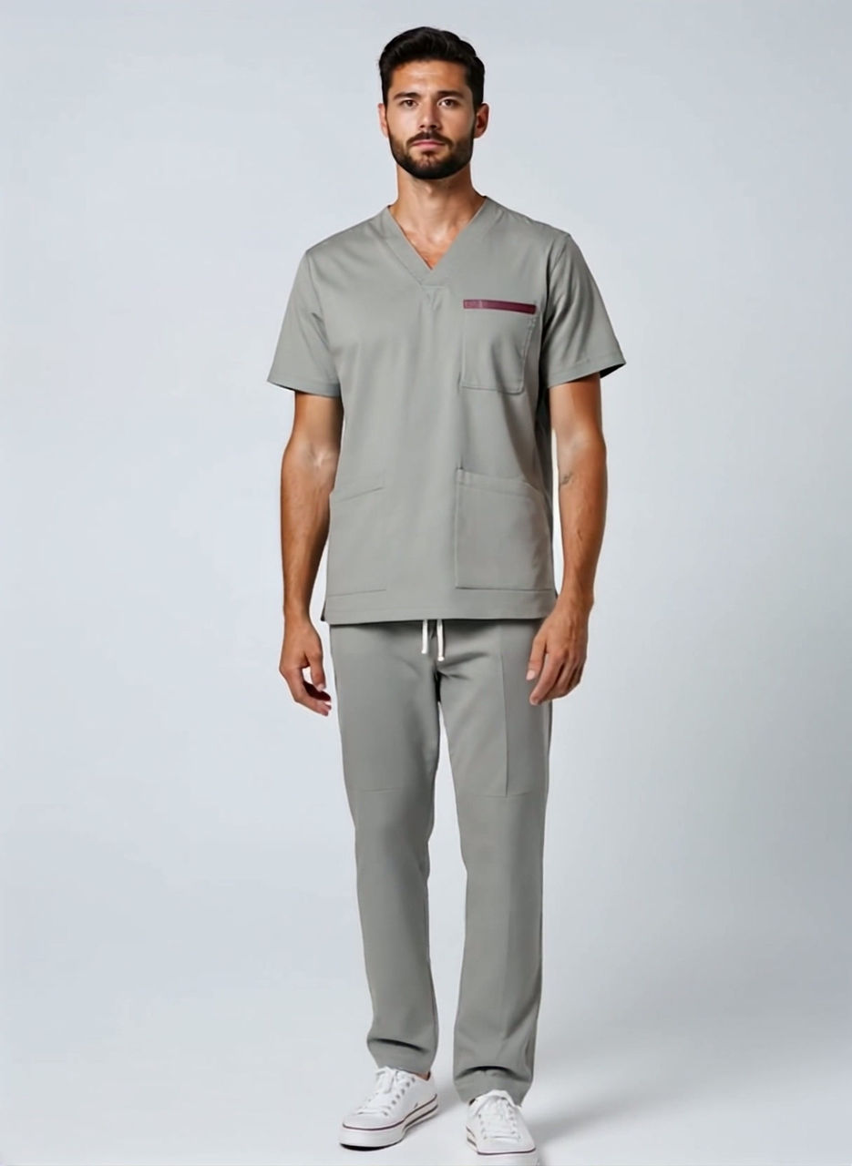 Uniforme Médico Gris con Detalle Vino