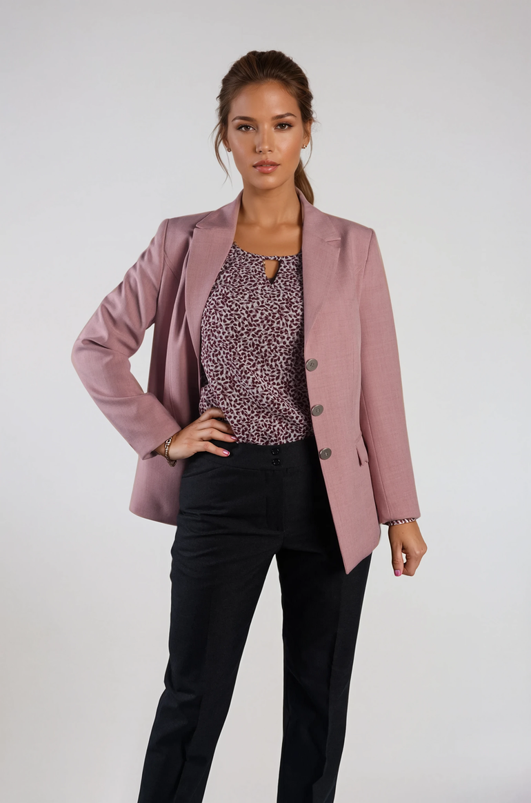 Conjunto Rosa Palo con Blusa Estampada Burdeos