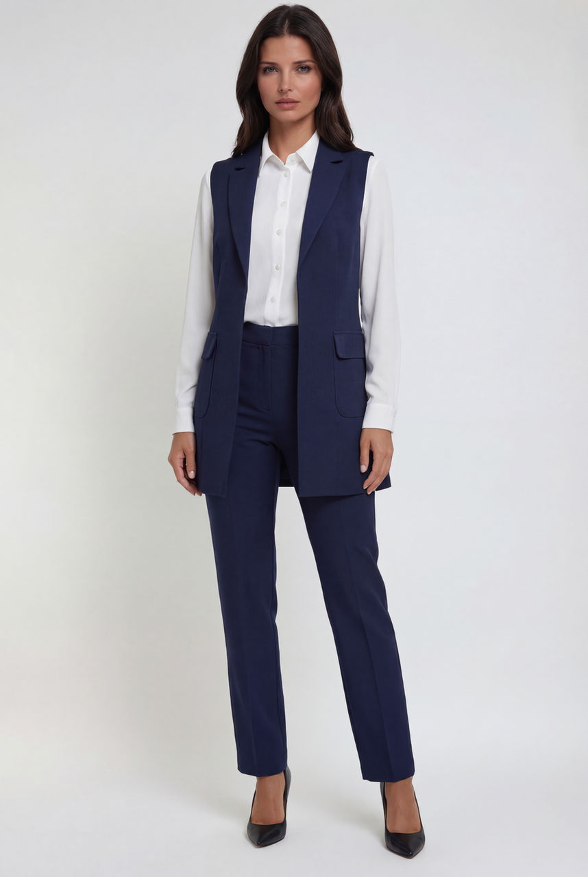 Chaleco Largo Azul Marino y Pantalón Azul Marino