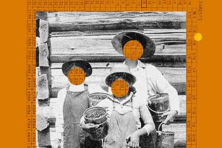 photograph of three people on an orange background with their faces cut out