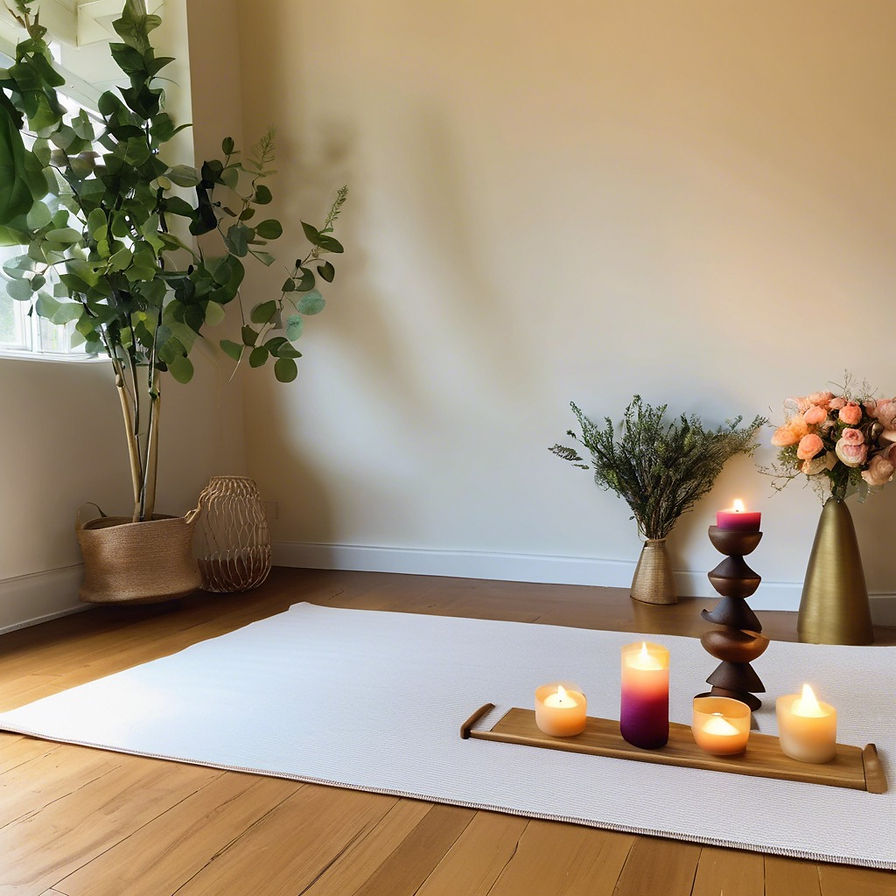 yoga studio space with a mat, candles, tealights, and flowers.jpg