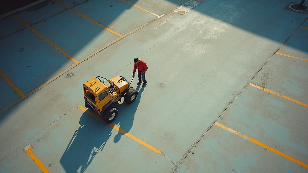 High angle view of a parking lot maintenance crew repainting lines