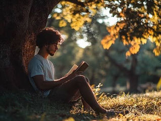 Student reading under a tree