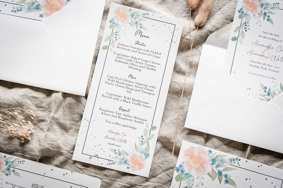 on the day stationery laid out with the main focus on the menu. design includes hand painted water colour flowers in soft pinks, blues and greens