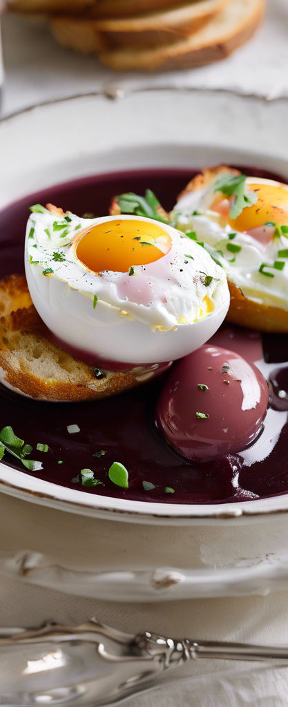 Oeufs en meurette is a classic Burgundian dish of poached eggs in a red wine sauce