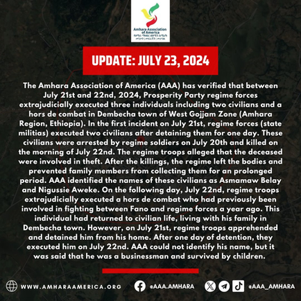 Prosperity Party Regime Forces Extrajudicially Execute Three Individuals, Including Two Civilians, in Dembecha Town
