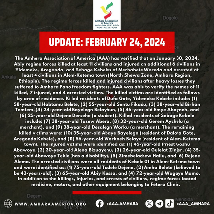 Abiy Regime Forces Killed 11 and Injured 6 in Merhabete, Arrested 4 in Alem-Ketema