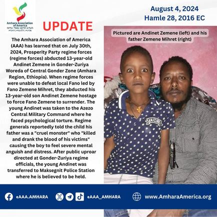 Prosperity Party Regime Forces Abduct 13-Year-Old Andinet Zemene in Central Gonder Zone