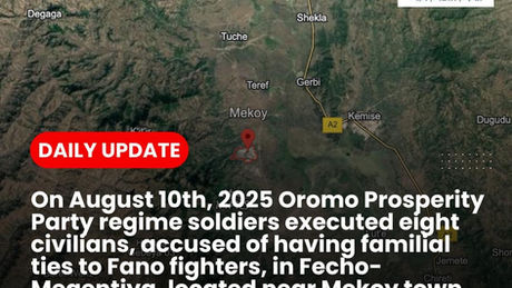 Oromo Prosperity Party regime soldiers carried out extrajudicial executions of eight civilians in a place called Fecho-Megentiya, located near Mekoy town in Antsokiyana-Gemza Woreda