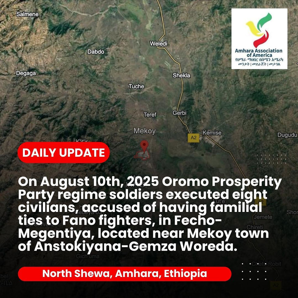 Oromo Prosperity Party regime soldiers carried out extrajudicial executions of eight civilians in a place called Fecho-Megentiya, located near Mekoy town in Antsokiyana-Gemza Woreda