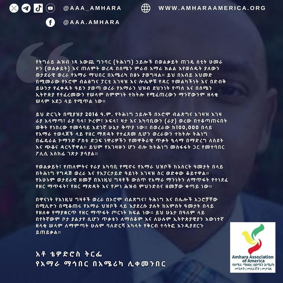 ከአማራ ማኅበር በአሜሪካ ሊቀመንበር ቴዎድሮስ ትርፌ የተሰጠ መግለጫ