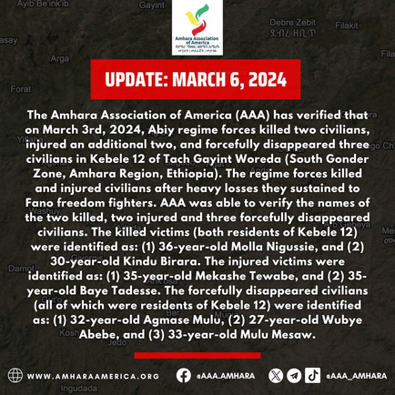 Abiy Regime Forces Leave 2 Killed, 3 Injured, and 3 Forcefully Disappeared in Tach Gayint Woreda on March 3, 2024